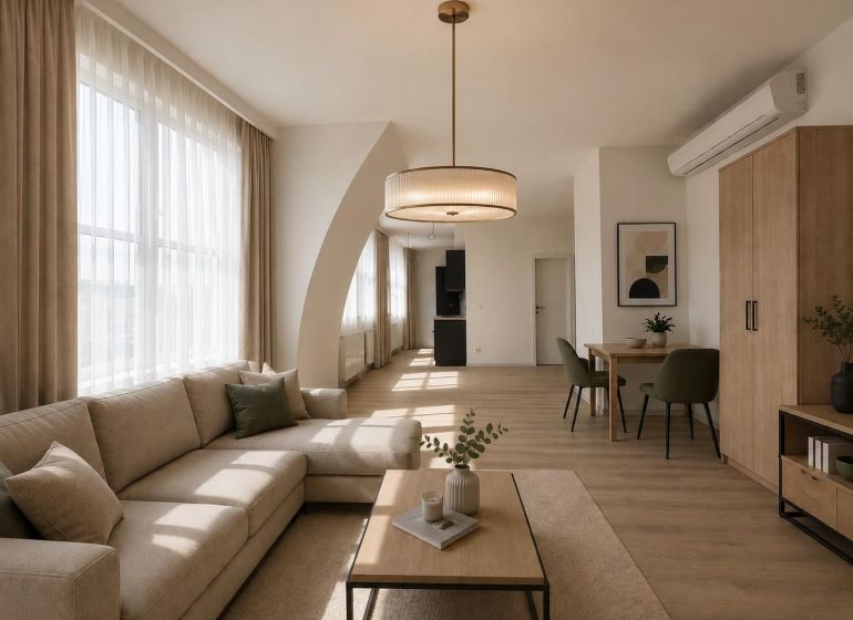Wohnzimmer mit Sofa, Tisch und Holzboden in einer Einzimmerwohnung.
