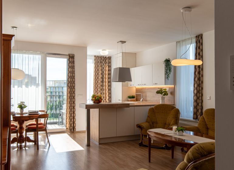 Wohnzimmer in einer 2-Zimmer-Wohnung mit Holzboden und heller Küche.