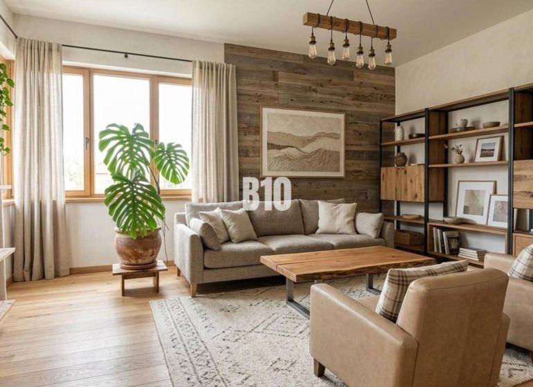 Wohnzimmer in einem Einfamilienhaus mit Holzboden und grünen Pflanzen.
