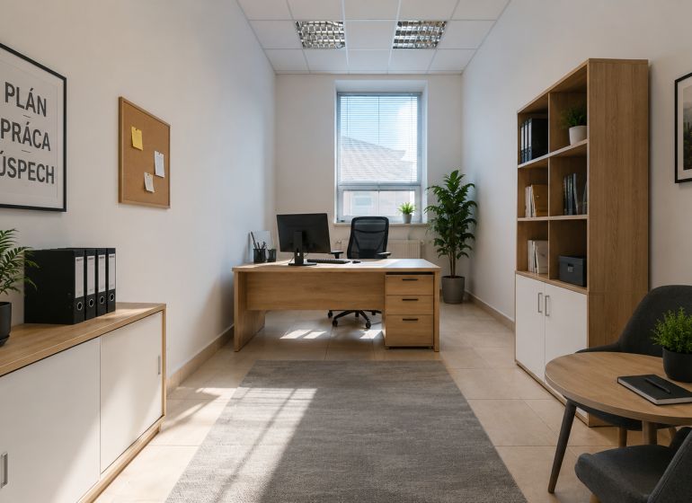 Ein helles Büro mit Holzmöbeln, Teppich, Pflanzen und einem motivierenden Spruch an der Wand.