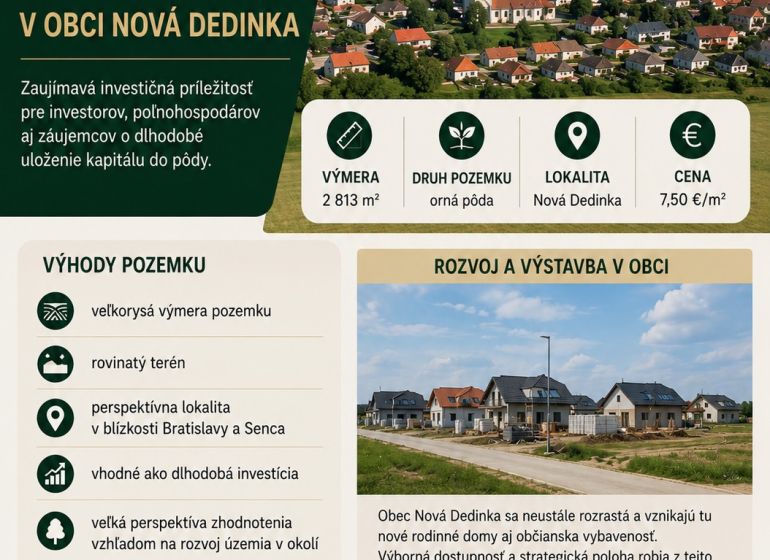 Angebot eines landwirtschaftlichen Investitionsgrundstücks in Nová Dedinka mit Aussicht auf Wertsteigerung.