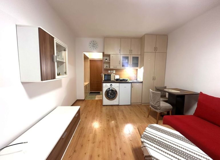 Ferienwohnung mit Einbauküche, rotem Sofa und Holzboden.