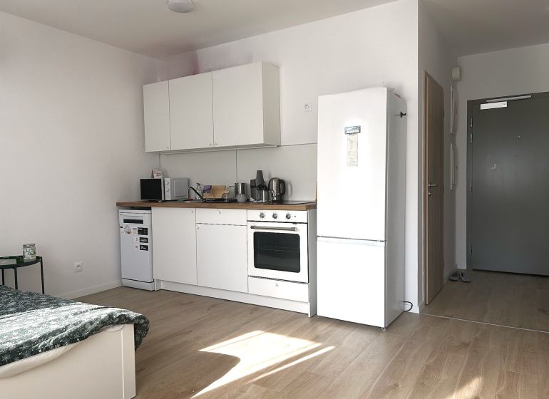 Küchenbereich in einer Einzimmerwohnung mit Holzboden und weißen Möbeln.