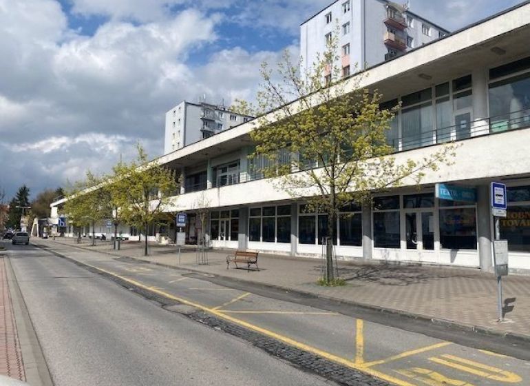 Gewerbeflächen im Stadtzentrum von Zvolen, an einer Straße mit Baumallee und Parkmöglichkeiten.