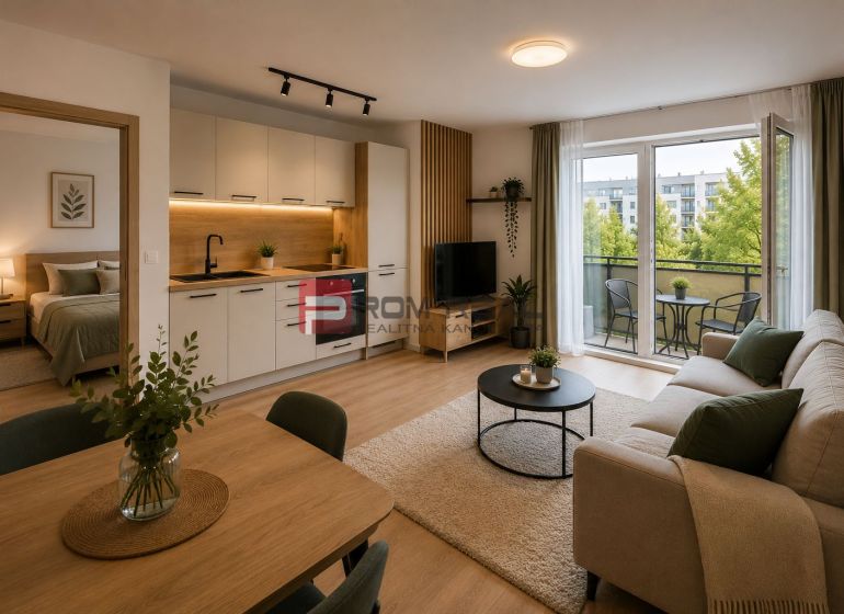 Wohnzimmer in einer 2-Zimmer-Wohnung mit Holzboden und Balkon.