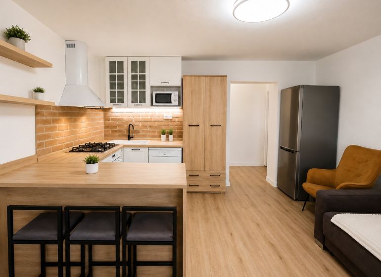 Küche in einer 2-Zimmer-Wohnung mit Ziegelverkleidung und Boden mit Holzdekor.
