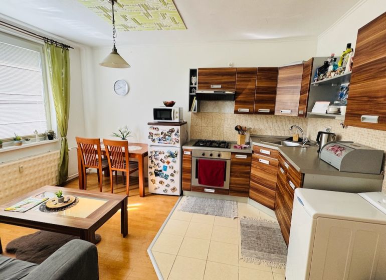 Küche mit Holzelementen und Esstisch in einer Einzimmerwohnung.
