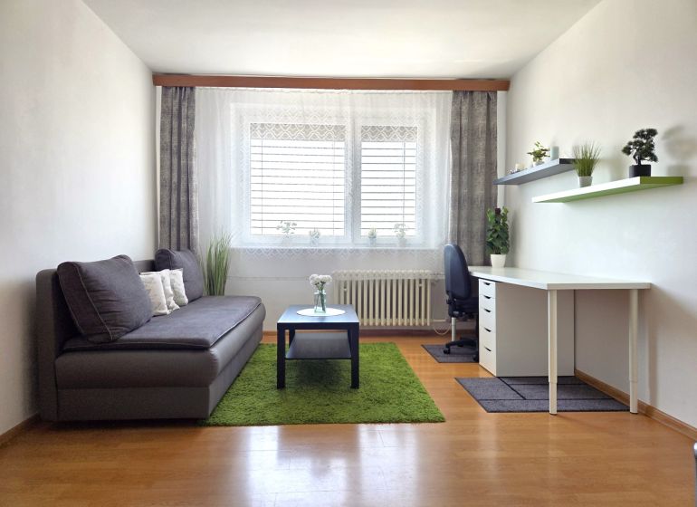 Wohnzimmer in einer Einzimmerwohnung mit Sofa, Schreibtisch und Holzboden.