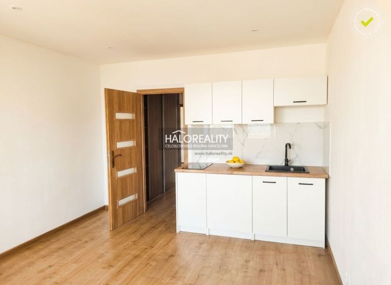 Einzimmerwohnung mit einfacher Küche, Laminatboden und Holztüren.