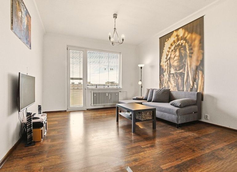 Wohnzimmer in einer 2-Zimmer-Wohnung mit Sofa, Fernseher und Holzboden.
