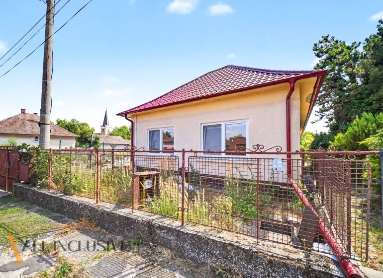 Ein Einfamilienhaus in Vydrany mit rotem Dach, Umzäunung und einem Garten voller Vegetation.