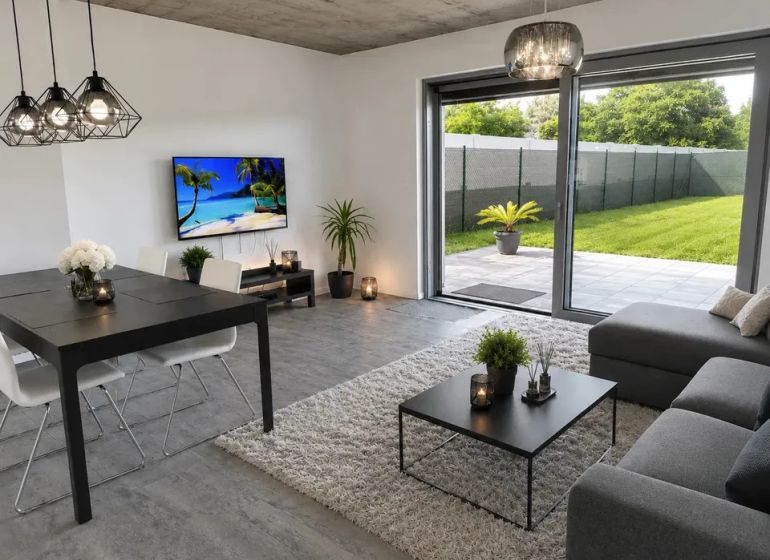 Wohnzimmer in einem Einfamilienhaus mit Holzboden und Blick in den Garten.