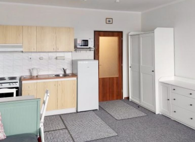 Küchenzeile und Möbel in einem Einzimmerapartment mit Teppich und weißer Kommode.