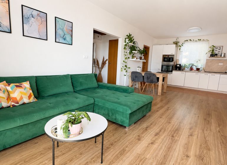 Wohnzimmer in einer 3-Zimmer-Wohnung mit einem bequemen grünen Sofa und einem Boden in Holzoptik.