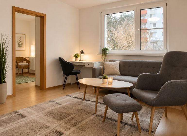 Wohnzimmer in einer 2-Zimmer-Wohnung mit bequemen Sitzgelegenheiten und einem Tisch.