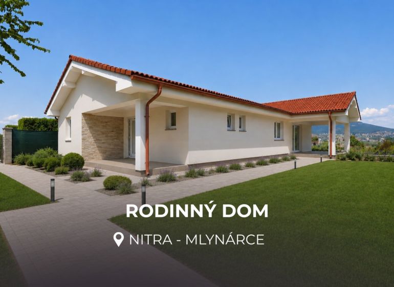 Ein Einfamilienhaus in der Poľná-Straße in Nitra mit einem weitläufigen Rasen und Pflastersteinen.