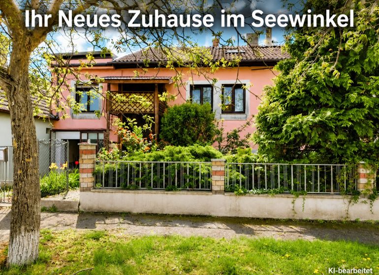 Ein Einfamilienhaus in Illmitz mit rosa Fassade und einem grünen Vorgarten voller Pflanzen.