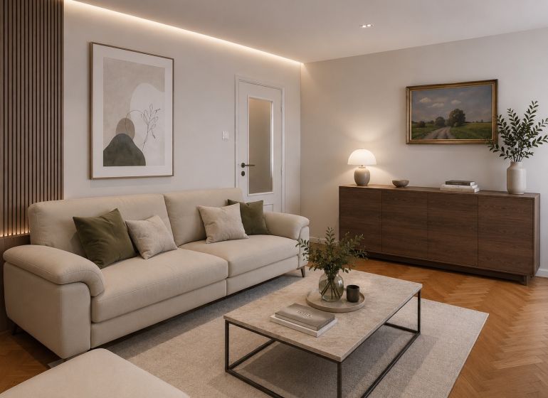 Wohnzimmer mit Sofa und Tisch in einer 2-Zimmer-Wohnung mit Holzdekorboden.