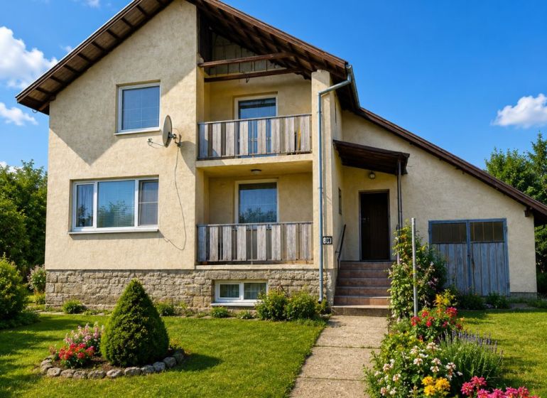 Ein Einfamilienhaus in der Biela-Straße in Kazimír, umgeben von einem Garten und Blumen.