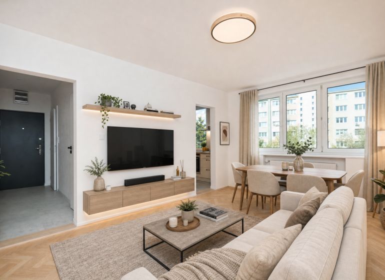 Wohnzimmer in einer 3-Zimmer-Wohnung mit Holzboden und hellen Möbeln.