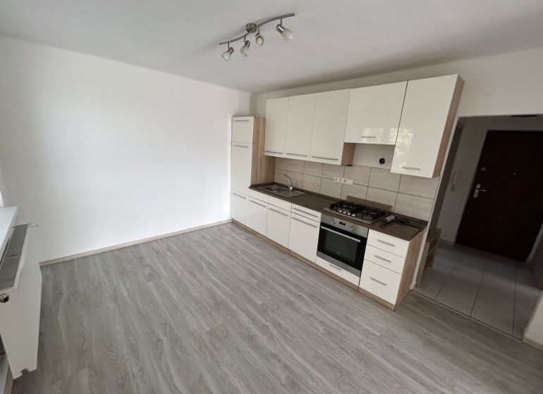 Küche in einer 3-Zimmer-Wohnung mit eingebauten Geräten, Boden mit Holzdekor.