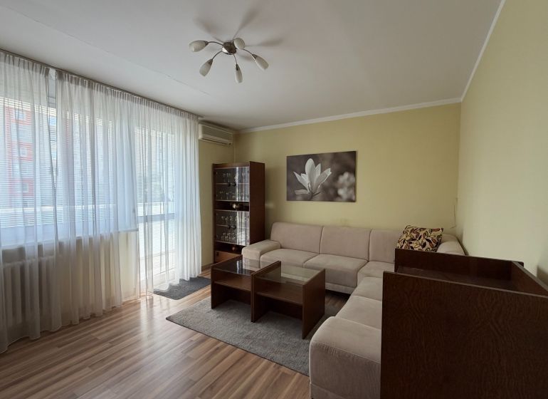 Wohnzimmer in einer 3-Zimmer-Wohnung mit einem Sofa und einem Boden in Holzoptik.