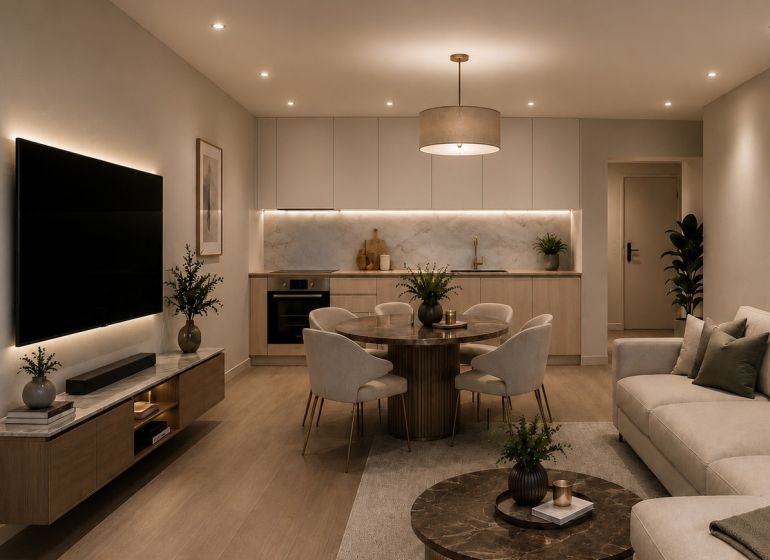 Wohnzimmer in einer 3-Zimmer-Wohnung mit Holzboden und bequemen Sitzgelegenheiten.