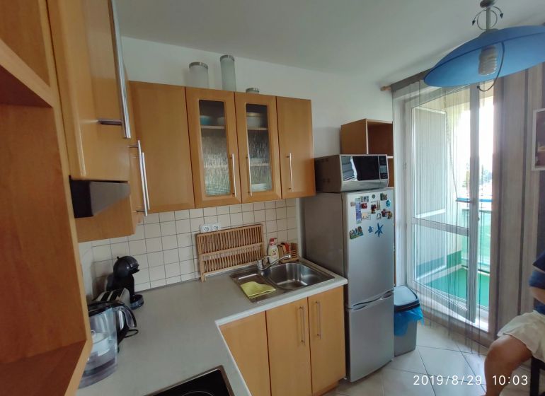 Küche mit Holzschränken, Mikrowelle und Kühlschrank in einer 2-Zimmer-Wohnung.