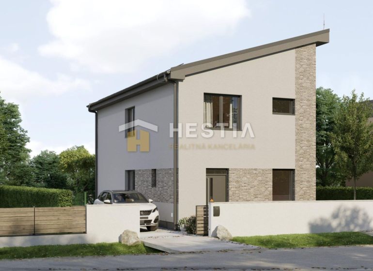 Ein Einfamilienhaus in Cerová mit weißer Fassade, modernem Design und gepflegtem Garten.