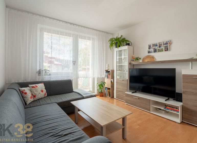 Wohnzimmer in einer 3-Zimmer-Wohnung mit Sofa, Fernseher und Holzboden.