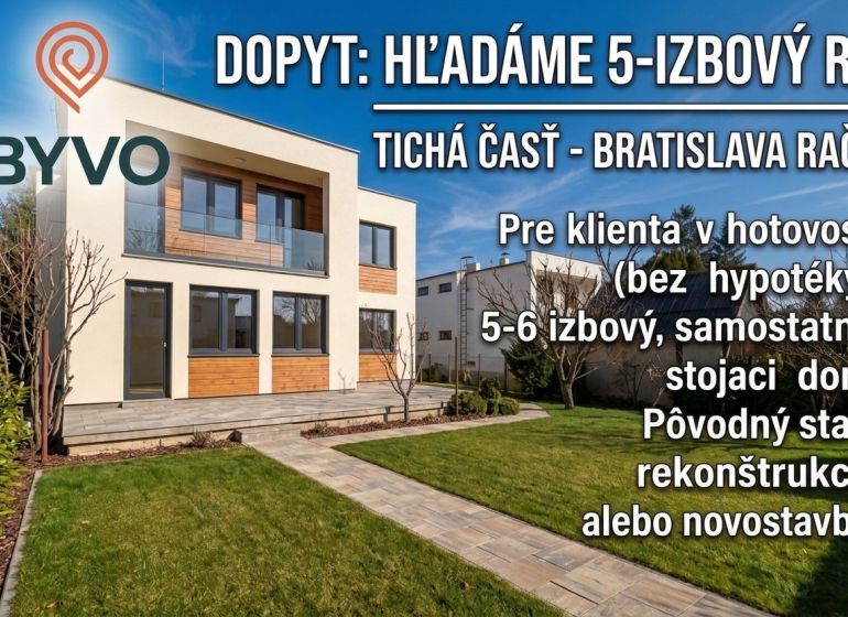 Ein Einfamilienhaus in Bratislava-Rača mit einer Fassade in Holzdekor und einem gepflegten Garten.