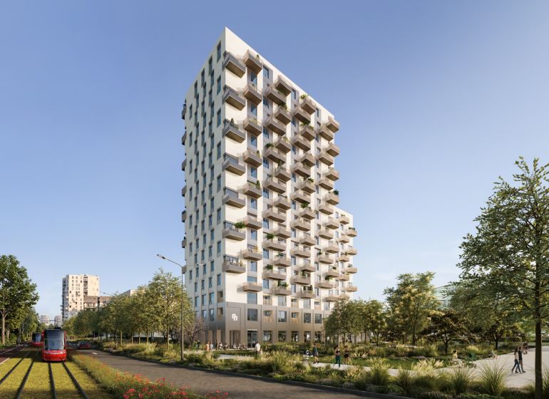 Moderne Wohnbebauung an den Mlynské Nivy in Bratislava-Ružinov, neben der Straßenbahnstrecke.