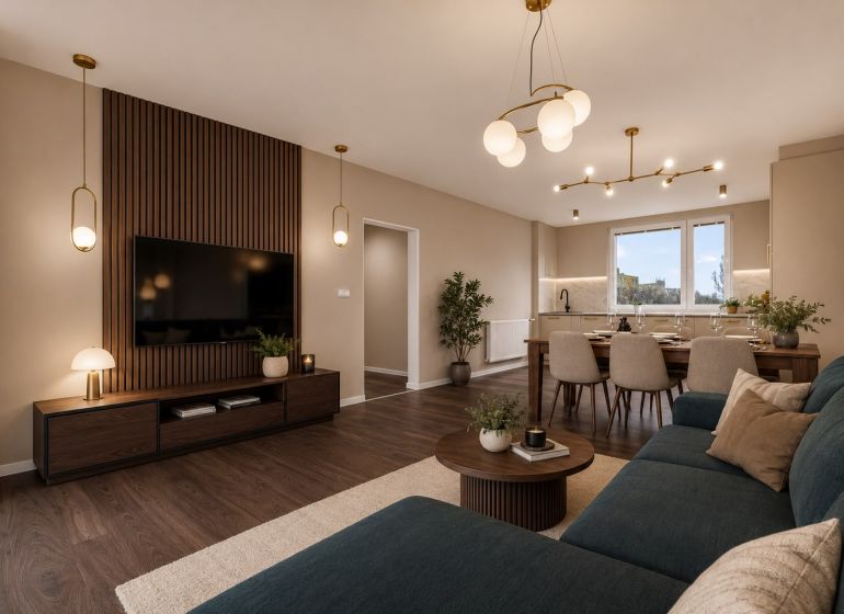 Wohnzimmer mit Holzboden, Esstisch und bequemer Couch in einer 3-Zimmer-Wohnung.