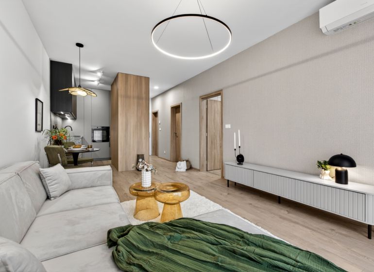 Wohnzimmer in einer 2-Zimmer-Wohnung mit Holzboden und bequemer Sitzgelegenheit.