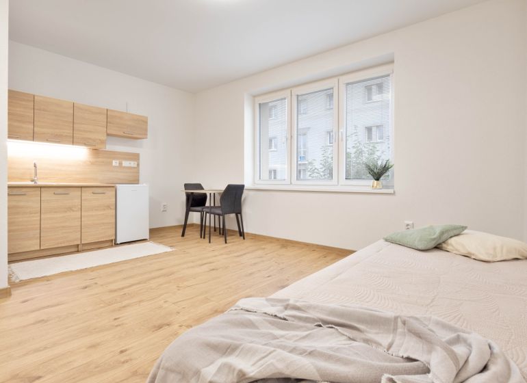 Einzimmerwohnung mit Kochnische, Bett und Esstisch, Boden mit Holzdekor.