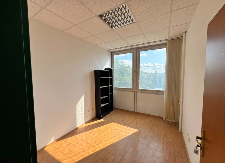 Büros mit Holzboden und Fenstern mit Blick ins Grüne.