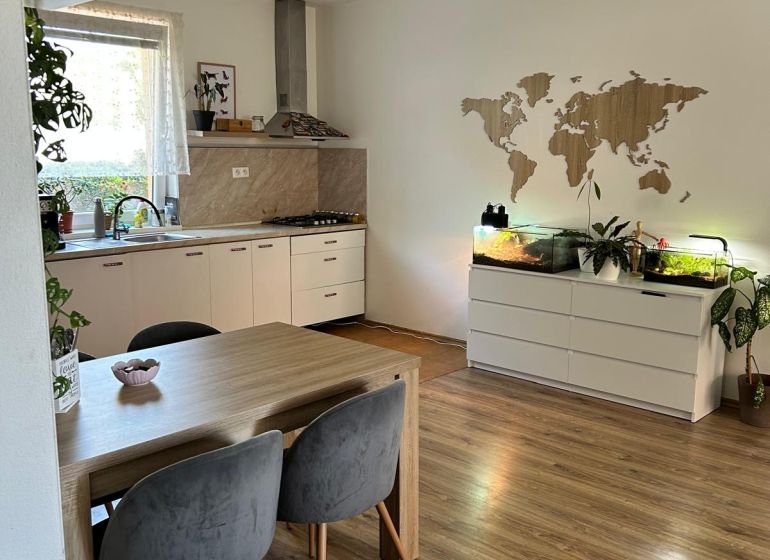 Küche in einer 3-Zimmer-Wohnung mit Holzboden, Tisch und Pflanzen.