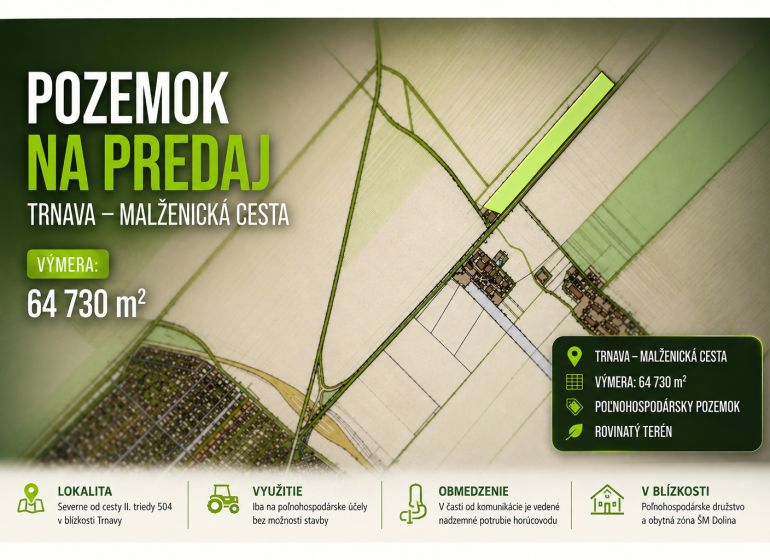 Angebot zum Verkauf von landwirtschaftlichen Grundstücken an der Malženická Straße in Trnava, Fläche 64.730 m².