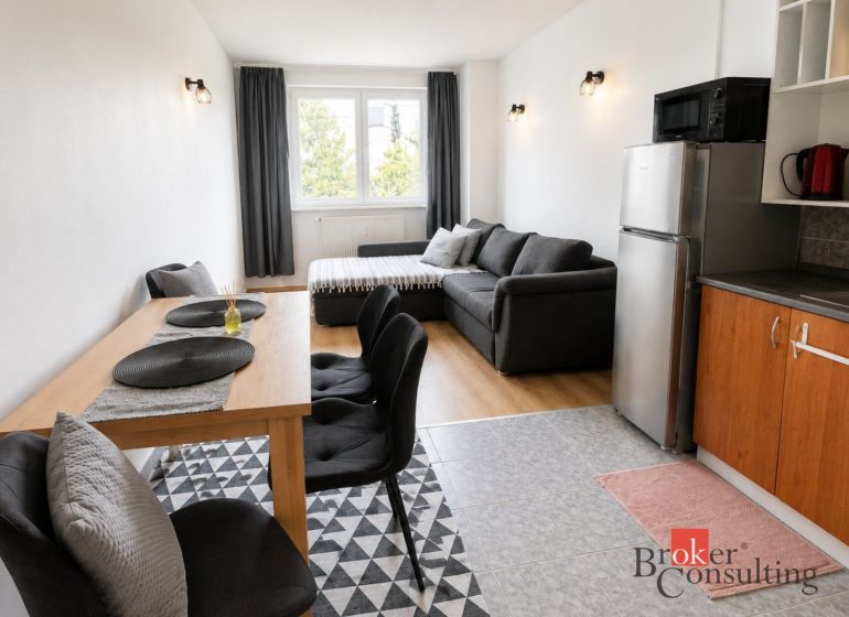 Wohnzimmer in einer Zweizimmerwohnung mit Sofa und Holzboden.
