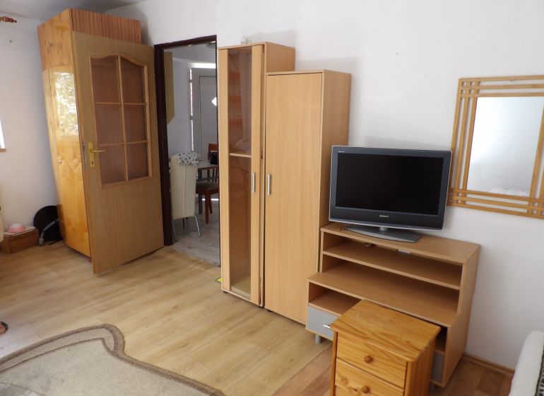 Wohnzimmer in einer 2-Zimmer-Wohnung mit Möbeln und Boden in Holzoptik.