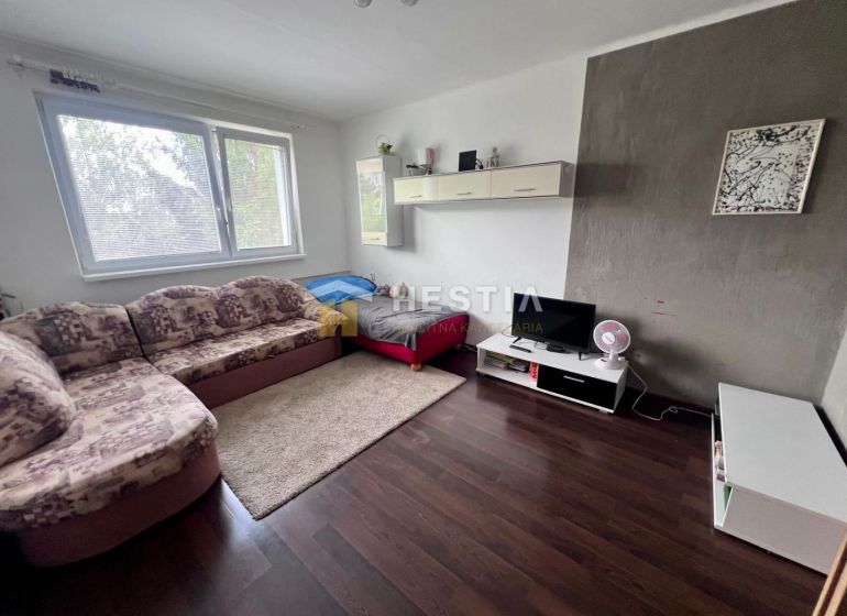 Wohnzimmer mit Ecksofa, TV-Schrank und Holzboden in einer 2-Zimmer-Wohnung.