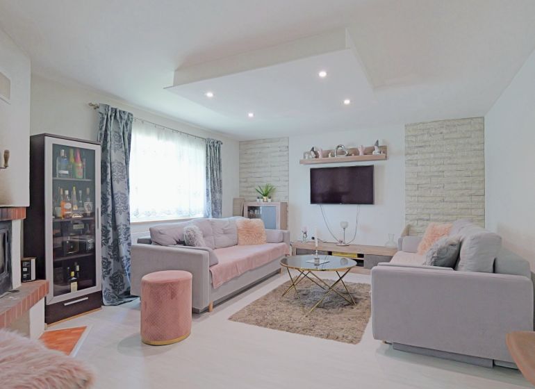 Wohnzimmer in einem Einfamilienhaus mit Kamin, Sofas, Glasvitrine und Sofas.