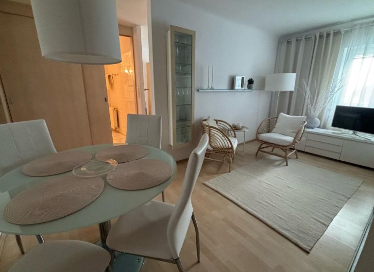 Heller Wohnraum mit Esstisch und Holzboden in einer Einzimmerwohnung.