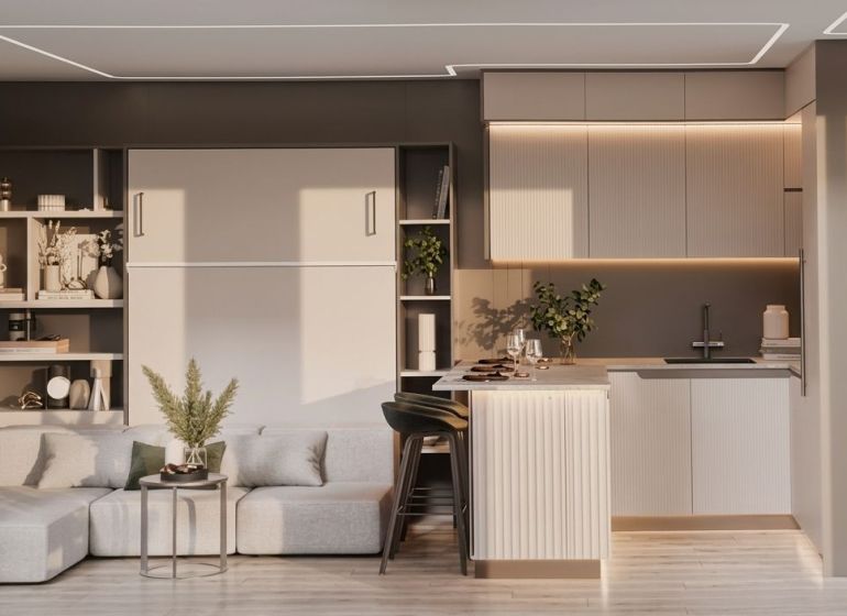 Innenraum eines Einfamilienhauses mit Küche, Wohnbereich und Boden mit Holzdekor.