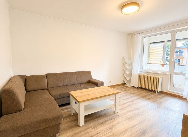 Wohnzimmer in einer 3-Zimmer-Wohnung mit Sofa, Couchtisch und Boden in Holzoptik.