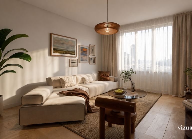 Wohnzimmer in einer 2-Zimmer-Wohnung mit Holzboden und heller Beleuchtung.