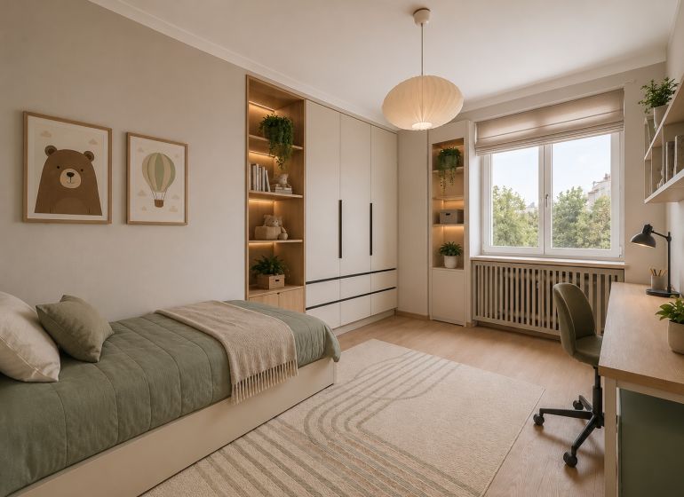 Kinderzimmer mit Holzboden in einer 3-Zimmer-Wohnung, gemütlich eingerichtet.