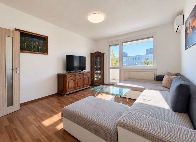 Wohnzimmer in einer Vierzimmerwohnung mit Möbeln, Holzboden und Fernseher.