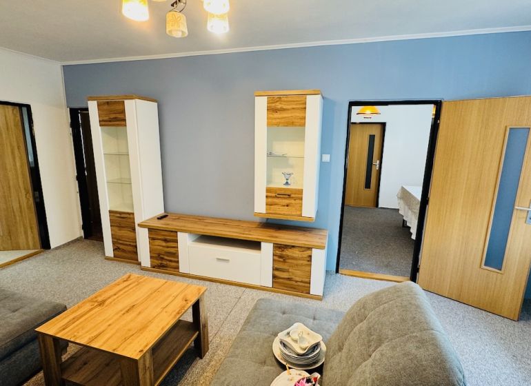 Wohnzimmer in einer 3-Zimmer-Wohnung mit grauen Wänden und Holzmöbeldekor.