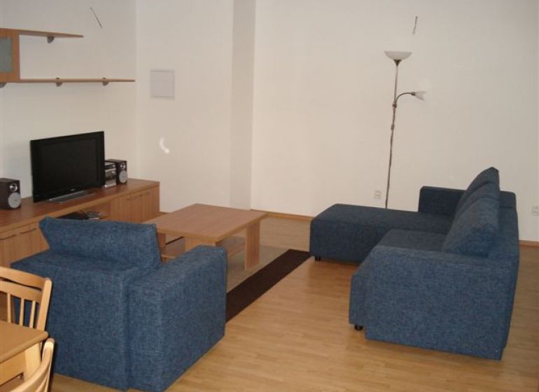 Wohnzimmer in einer 3-Zimmer-Wohnung mit einem blauen Sofa und einem Boden in Holzoptik.